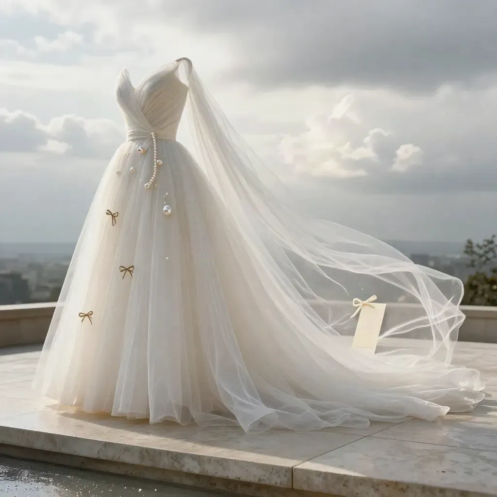 Glossy ivory tulle bolt with veil swaths, pearl ribbon and bow clips on rain-damp stone.
