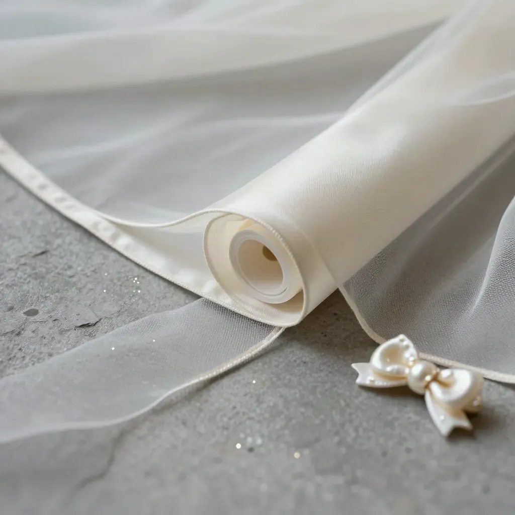 Ivory gloss tulle bolt with veil edge, ribbon spool, and pearl bow clip on stone.