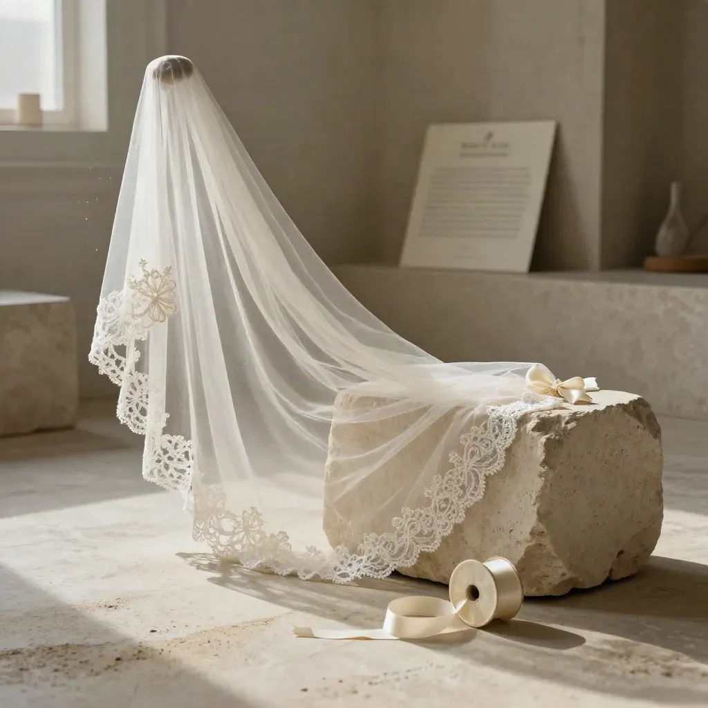 Ivory cathedral veil cascading from limestone with ribbon spool and tiny bow clip