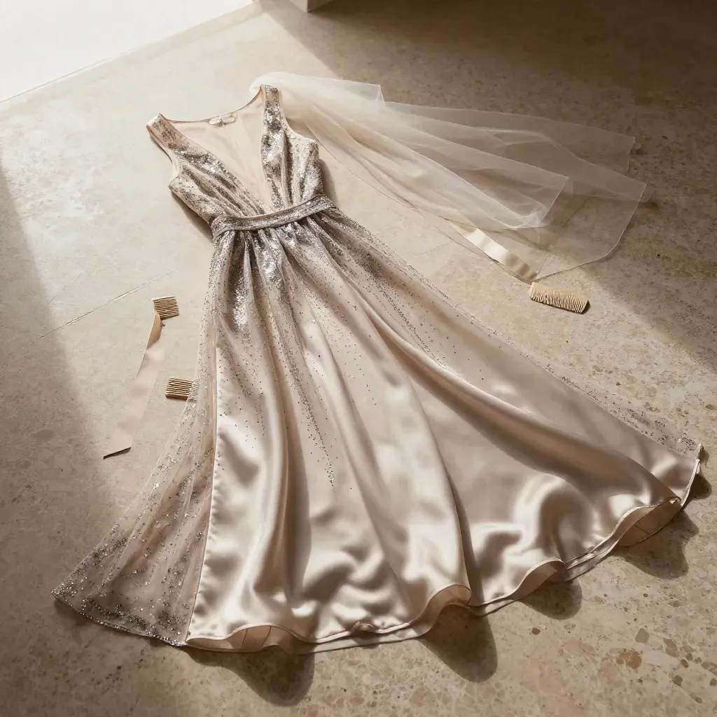 Sheer sparkle dress overlay on satin with veil comb and ribbon tail on travertine.